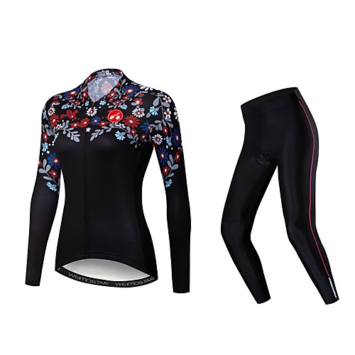 

21Grams Floral Botanical Women's Long Sleeve Cycling Jersey with Tights - Black Bike Clothing Suit Windproof UV Resistant Breathable Sports Winter Elastane Terylene Polyester Taffeta Mountain Bike