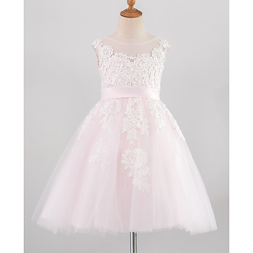 

Princess Knee Length Wedding / Birthday / Pageant Flower Girl Dresses - Lace / Satin / Tulle Sleeveless Jewel Neck with Belt / Buttons / Appliques