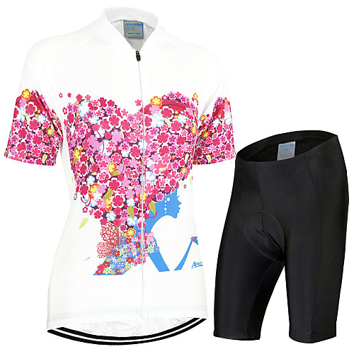 

Arsuxeo Women's Short Sleeve Cycling Jersey with Shorts Red Floral Botanical Bike Shorts Jersey Clothing Suit Breathable Moisture Wicking Quick Dry Anatomic Design Back Pocket Sports Polyester