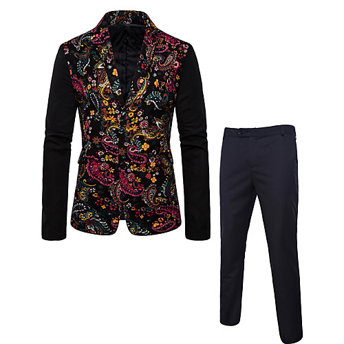 

Black Color Block / Geometric Regular Fit Rayon / Linen / Polyester Men's Suit - Notch lapel collar / Plus Size