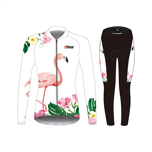 

21Grams Flamingo Floral Botanical Women's Long Sleeve Cycling Jersey with Tights - White Bike Clothing Suit UV Resistant Breathable Quick Dry Sports Winter Fleece Spandex Mountain Bike MTB Road Bike