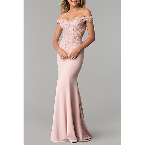 

Mermaid / Trumpet Elegant Prom Formal Evening Dress Off Shoulder Short Sleeve Sweep / Brush Train Chiffon Lace with Appliques 2021