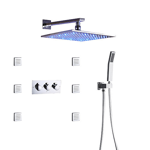 

Bath Shower Faucet Set / Wall Mounted Square LED Shower Head / Hand Shower Included / Hot And Cold Bath Mixer Valve / Massage Body Jets / Contemporary