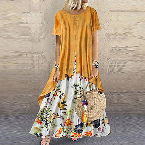 

Women's Plus Size Two Piece Dress Maxi long Dress - Short Sleeve Floral Layered Button Print Summer Casual Holiday Vacation Loose 2020 Purple Yellow Pink Orange Green M L XL XXL XXXL XXXXL XXXXXL