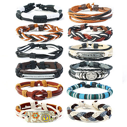 

12pcs Men's Loom Bracelet Layered Star Statement Stylish Vintage Punk Genuine Leather Bracelet Jewelry Black For Gift Street Festival