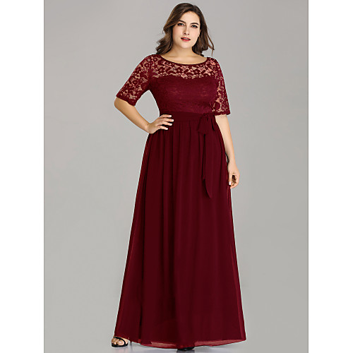 

A-Line Plus Size Wedding Guest Formal Evening Valentine's Day Dress Illusion Neck Half Sleeve Floor Length Nylon Lace Polyester with Sash / Ribbon Lace Insert 2021