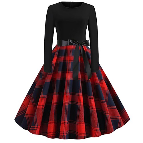 

Women's A Line Dress - Long Sleeve Striped Patchwork Print Basic Elegant Blue Red Green S M L XL XXL
