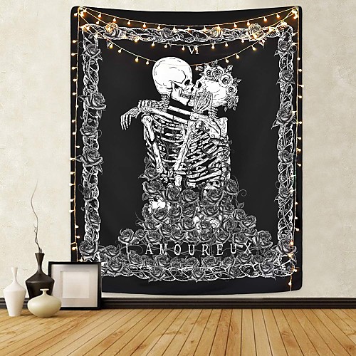 

Skull Tapestry Kissing Lover Black and White Tarot Skeleton Flower Tapestry Wall Hanging Beach Blanket Romantic Bedroom Dorm Home Decor