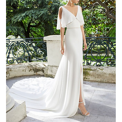 

A-Line Wedding Dresses V Neck Court Train Satin Short Sleeve with 2021