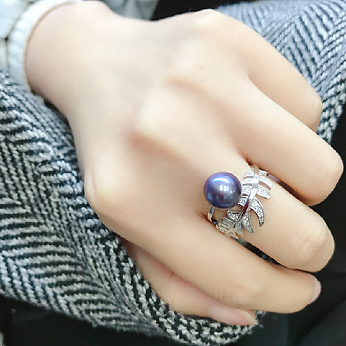 

Women's Open Ring Adjustable Ring Freshwater Pearl 1pc Dark Blue Pearl S925 Sterling Silver Circular Luxury Classic Elegant Wedding Party Jewelry Leaf