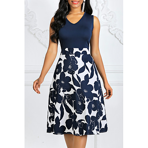 

Women's Plus Size A Line Dress - Sleeveless Polka Dot Floral Print Print Summer V Neck 1950s Vintage Going out White Royal Blue Navy Blue Rainbow S M L XL XXL XXXL XXXXL XXXXXL / Cotton