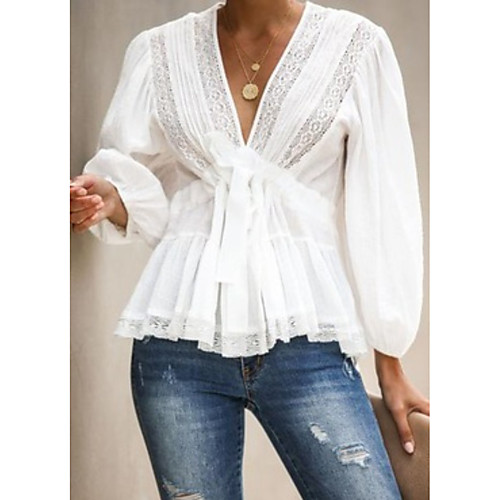 

Women's Blouse Solid Colored Lace up Long Sleeve Party Tops Streetwear White
