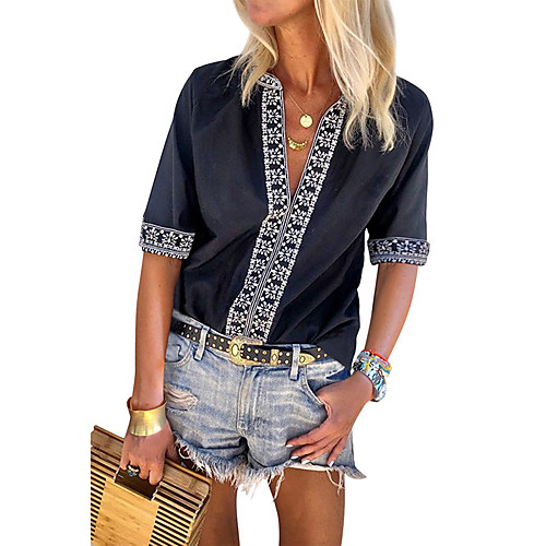 

Women's Geometric Print Shirt Boho Daily Wear V Neck Black / Blue / Red / Green