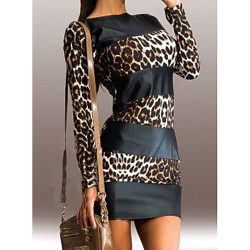 

Women's Mini Bodycon Dress - Long Sleeve Leopard Print Basic Slim Black S M L XL XXL XXXL