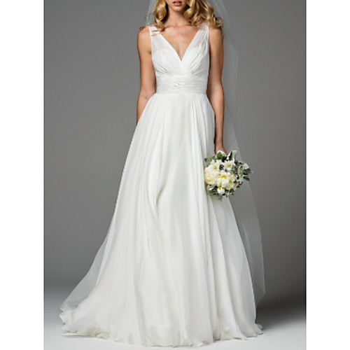 

A-Line Wedding Dresses V Neck Sweep / Brush Train Chiffon Regular Straps Simple Casual Backless with Draping 2021