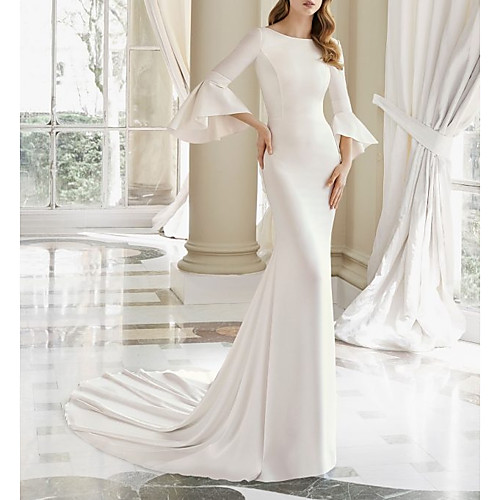 

Mermaid / Trumpet Wedding Dresses Bateau Neck Court Train Satin 3/4 Length Sleeve with Draping 2021