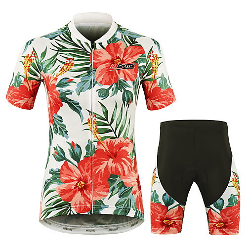 

21Grams Floral Botanical Hawaii Women's Short Sleeve Cycling Jersey with Shorts - Red Bike Clothing Suit Breathable Quick Dry Moisture Wicking Sports 100% Polyester Mountain Bike MTB Road Bike Cycling