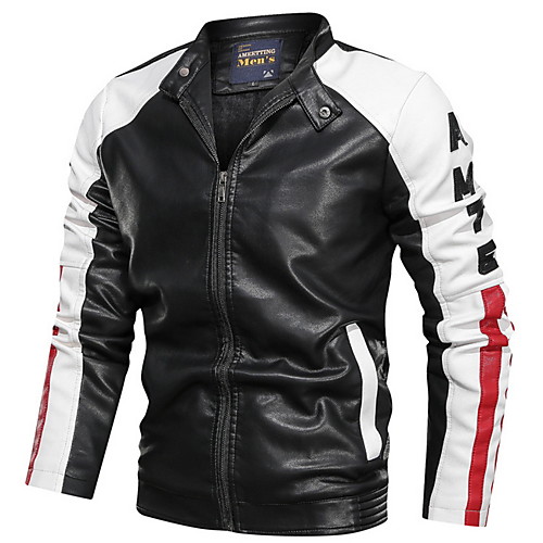 

Men's Daily Regular Leather Jacket, Color Block Stand Long Sleeve PU Blue / Black / Red