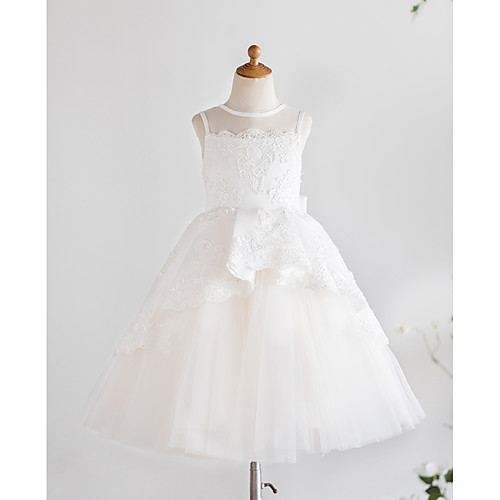 

Princess Knee Length Wedding / First Communion / Birthday Flower Girl Dresses - Satin / Tulle Sleeveless Jewel Neck with Bows / Appliques