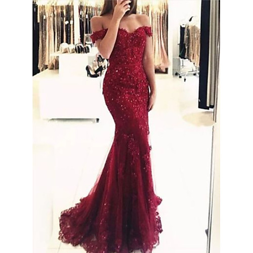 

Mermaid / Trumpet Luxurious Red Prom Formal Evening Dress Off Shoulder Short Sleeve Sweep / Brush Train Lace with Beading Appliques 2020