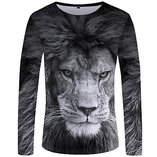 

Men's Plus Size 3D Graphic Black & White Pleated Print Tunic Street chic Exaggerated Daily Round Neck Gray / Long Sleeve / Animal