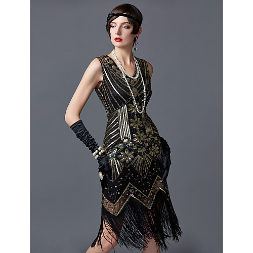 The Great Gatsby Charleston Roaring 20s 1920s Vintage Flapper Dress Cocktail Dress Ball Gown Prom Dress Women's Tassel Fringe Sequin Costume Emerald Green / Golden / Silvery Vintage Cosplay Party