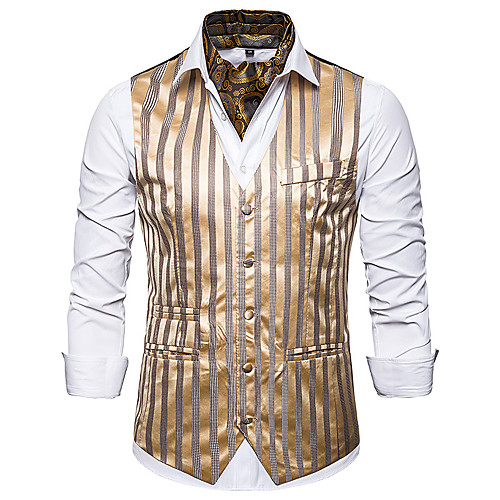 

White / Black / Gold Geometric Slim Polyester Men's Suit - V Neck