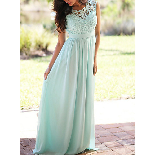 

A-Line Jewel Neck Floor Length Chiffon / Lace Bridesmaid Dress with Lace / Pleats