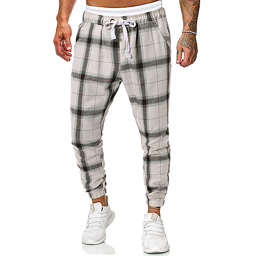 

Men's Basic Slim Daily Going out Sweatpants Pants Plaid Checkered Full Length Drawstring White / Fall / Winter