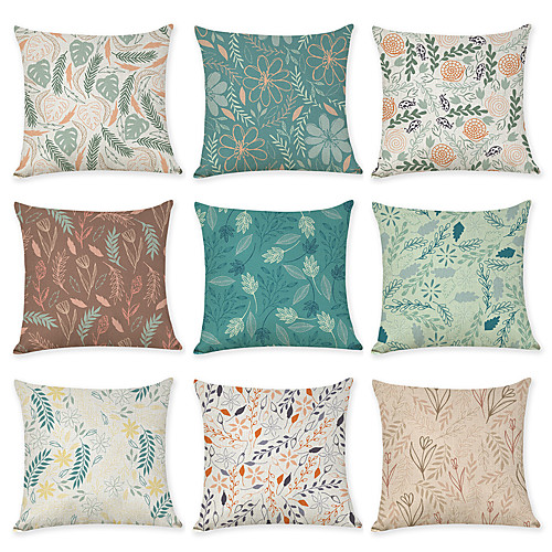 

9 pcs Linen Pillow Cover, Leaf Floral Print Neoclassical Pastoral Throw Pillow