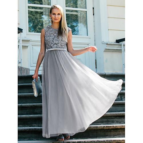 

A-Line Elegant Grey Prom Formal Evening Dress Jewel Neck Sleeveless Floor Length Lace Tulle with Bow(s) Appliques 2020
