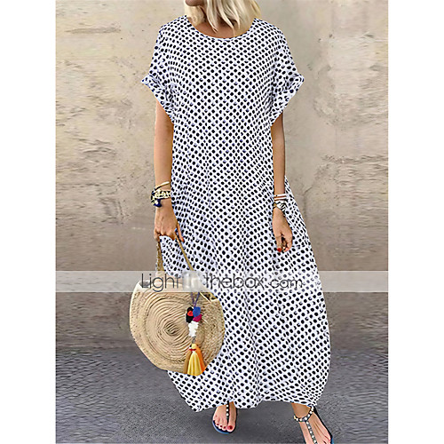 

Women's Swing Dress Midi Dress White Black Blue Short Sleeve Polka Dot Pocket Patchwork Print Summer Round Neck Casual 2021 M L XL XXL 3XL 4XL 5XL