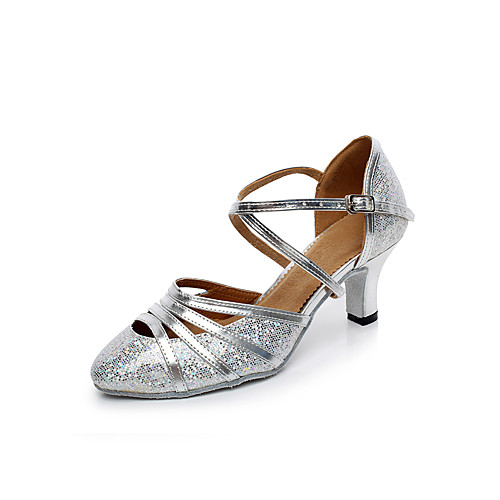 

Women's Modern Shoes Ballroom Shoes Heel Buckle Flared Heel Yellow Silver T-Strap
