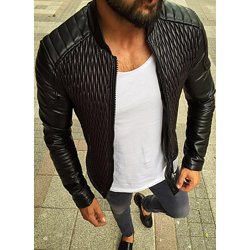 

Men's Daily Regular Leather Jacket, Solid Colored Stand Long Sleeve PU Black / Red