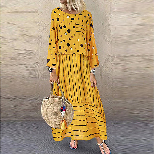 

Women's Plus Size Maxi Sheath Dress - Long Sleeve Polka Dot White Yellow M L XL XXL XXXL XXXXL XXXXXL