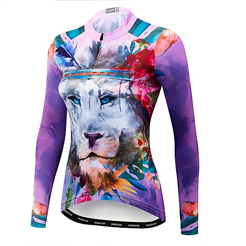 

21Grams 3D Lion Women's Long Sleeve Cycling Jersey - Violet Bike Jersey Top UV Resistant Breathable Moisture Wicking Sports Winter Fleece Polyester Elastane Mountain Bike MTB Road Bike Cycling