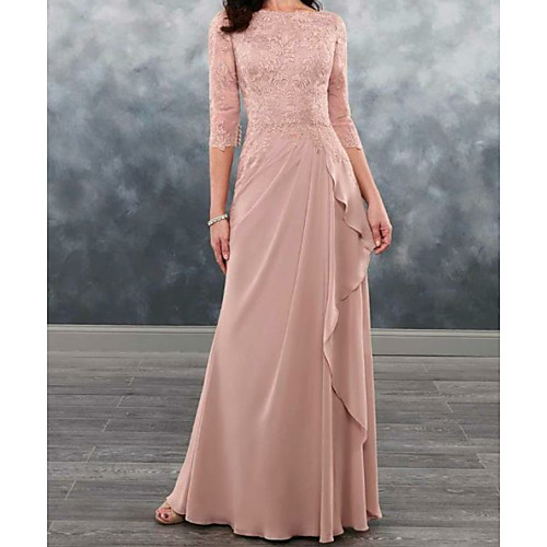 

Sheath / Column Mother of the Bride Dress Sexy Plus Size Bateau Neck Floor Length Chiffon Lace Half Sleeve with Crystals 2020