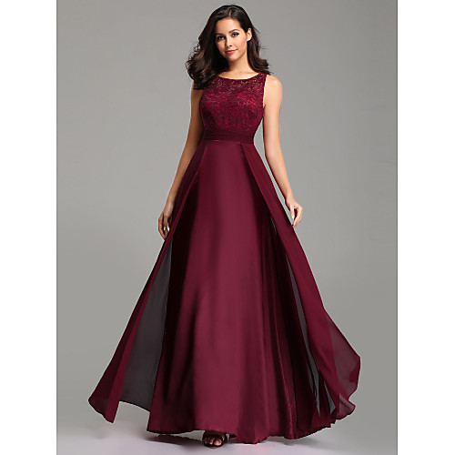 

A-Line Empire Red Wedding Guest Prom Dress Jewel Neck Sleeveless Floor Length Chiffon Lace with Overskirt Lace Insert 2020