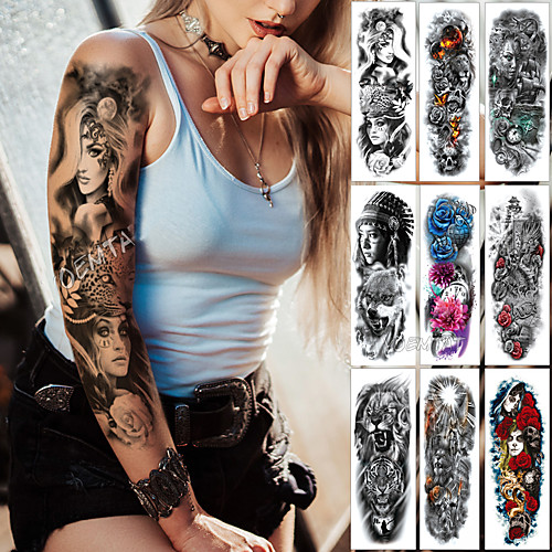 

1 pcs Large Arm Sleeve Tattoo Midnight Leopard Beauty Girl Waterproof Temporary Tatto Sticker Moonlight Rose Full Skull Tatoo Women