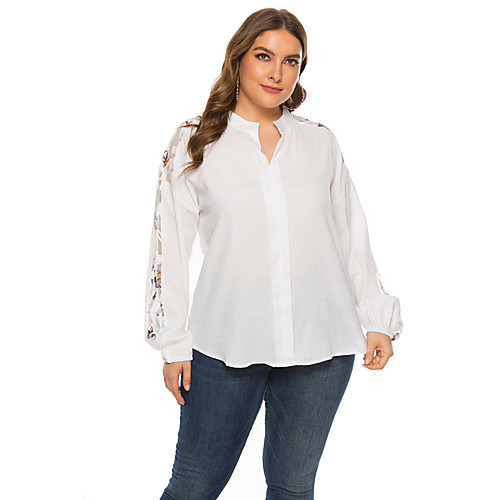 

Women's Color Block Solid Colored Mesh Loose Shirt Basic Daily V Neck White