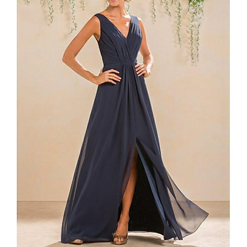 

A-Line V Neck Floor Length Chiffon Bridesmaid Dress with Pleats / Split Front