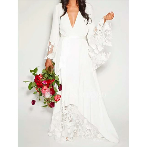 

A-Line Wedding Dresses V Neck Floor Length Chiffon Lace Long Sleeve Casual Illusion Detail with Lace Insert 2020