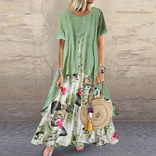 

Women's Maxi long Dress - Short Sleeve Floral Layered Button Print Summer Plus Size Casual Holiday Vacation Loose 2020 Purple Yellow Pink Orange Green M L XL XXL XXXL XXXXL XXXXXL