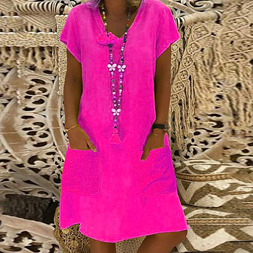 

Women's Plus Size Shift Dress Short Mini Dress - Short Sleeve Summer V Neck Basic Vacation Loose Wine Black Purple Yellow Blushing Pink Fuchsia Royal Blue Light Green Light Blue S M L XL XXL XXXL
