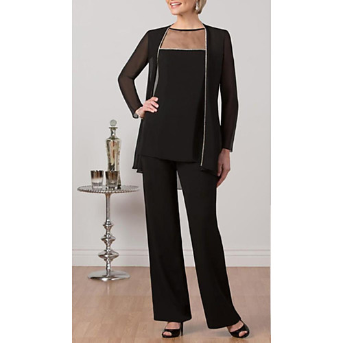 

Pantsuit / Jumpsuit Mother of the Bride Dress Elegant Plus Size Bateau Neck Floor Length Chiffon Tulle Long Sleeve with Lace 2020