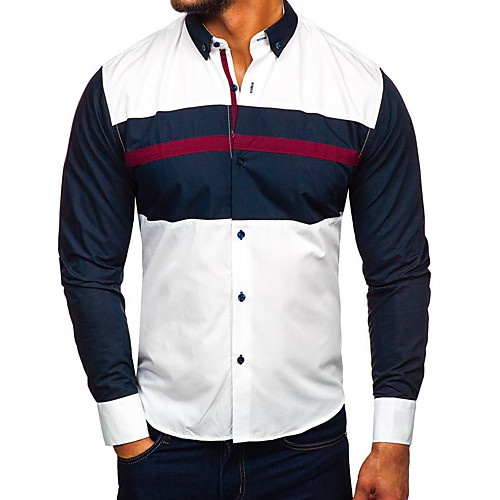 

Men's Shirt Color Block Long Sleeve Daily Tops Basic White Navy Blue