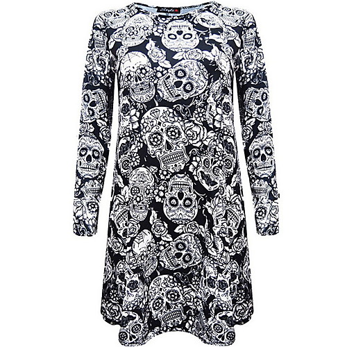 

Women's Halloween Shift Dress White Black Long Sleeve Geometric Round Neck Hot Halloween S M L XL
