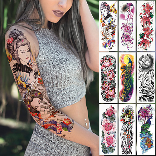 

1 pcs Large Arm Sleeve Tattoo Japanese Geisha Snake Waterproof Temporary Tatto Sticker Lotus Peacock Girl Tatoo Body Art Women