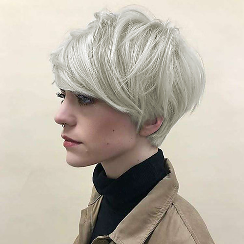 

Human Hair Blend Wig Short Straight Bob Pixie Cut Layered Haircut With Bangs Silver Fashionable Design Life Party Capless Women's Sliver White 8 inch / Natural Hairline / Natural Hairline