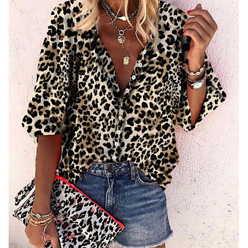 

Women's Leopard Shirt Daily V Neck Yellow